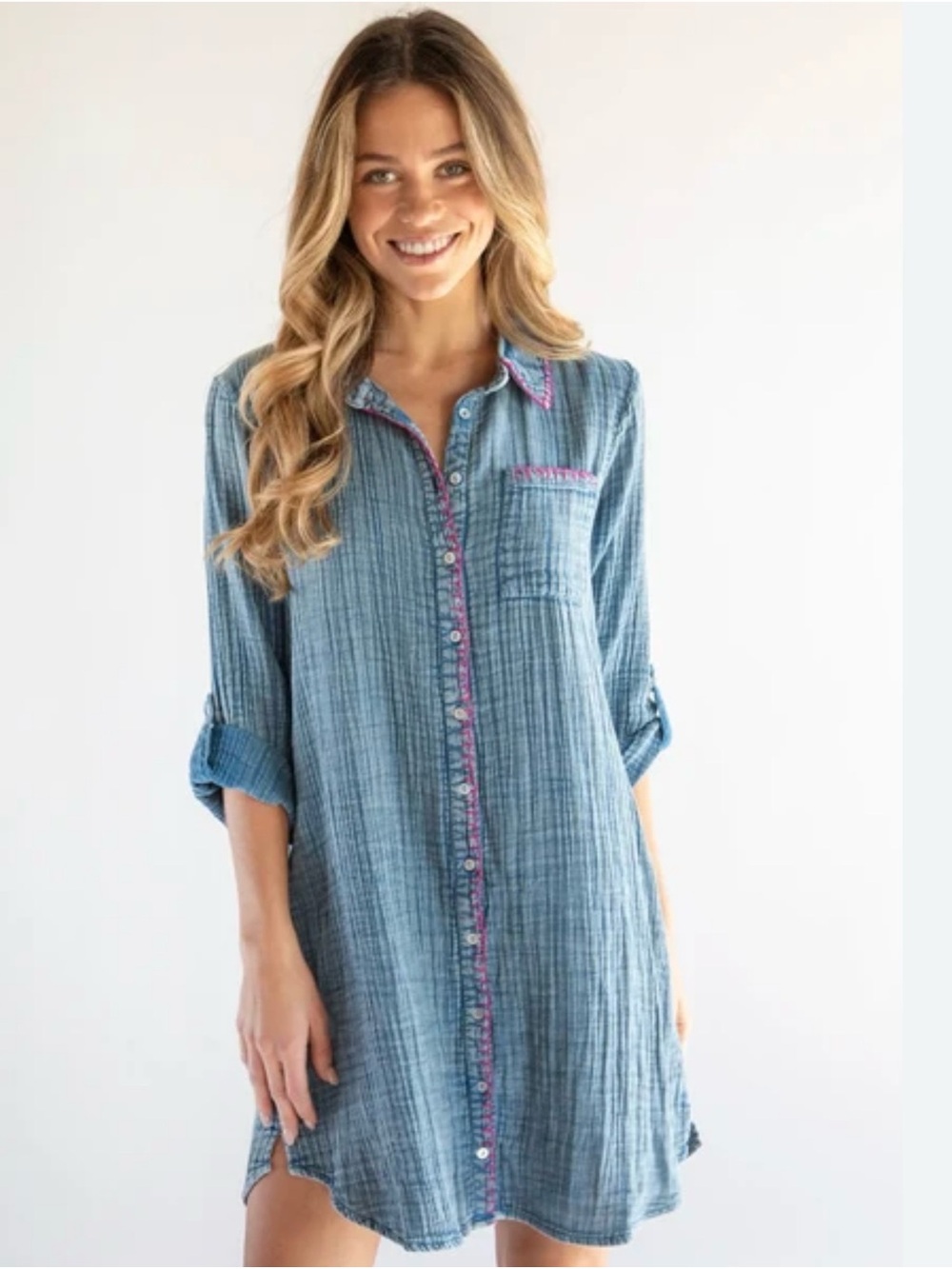 NATURAL LIFE Blue Button-Front Tunic with Pink Contrast Trim